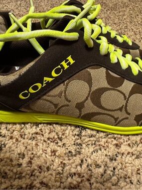 NEW Coach Brown Drita Sneakers with Neon Yellow Accents